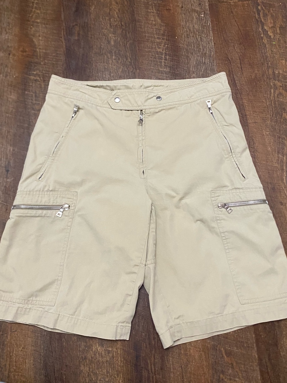 Prada Women’s Beige Cotton Cargo Shorts Solid Flat Front Pockets Zip Size 46